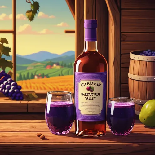 ancient fruit wine, Stardew Valley, pixel art style, vibrant colors, glass bottle, purple liquid, cork seal, label design, rustic wooden table, cellar background, soft lighting, ambient shadows, still