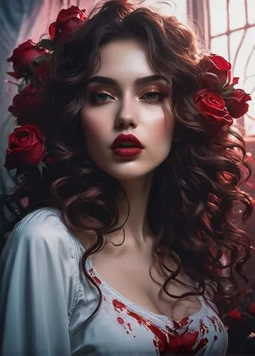 persephone,vampire woman,red roses,vampire lady,with roses,red rose,Illustration,Vector,Vector 06