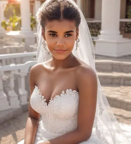 Beautiful sexy ivorian bride, smiling, in a white dress at her luxurious wedding. Outdoor, sunshine, tropical. Photorealistic. complete delicate facial makeup red lipstick, very long eyelashes, wavy h