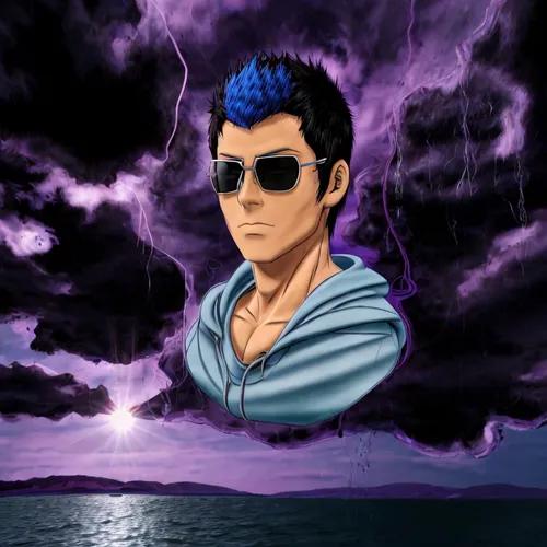 with sun glasses,pompadour,chollo hunter x,thunderstorm mood,takikomi gohan,sailing blue purple,cleanup,sea god,defense,yukio,san storm,purple blue,rainmaker,ishigaki,shinkiari,blue hawaii,monsoon ban