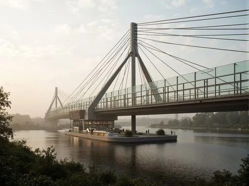 Sleek bridge design, modern suspension cables, transparent glass railings, reflective steel beams, open lattice structures, minimalistic piers, cantilevered walkways, angular support columns, dynamic 