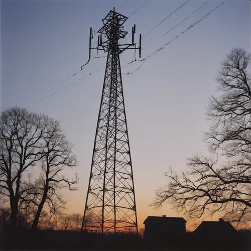 Imagine a heartwarming romance set in a small town, where two lovers communicate through messages sent via a radio tower.,transmission tower,transmission mast,electricity pylons,electricity pylon,pylo