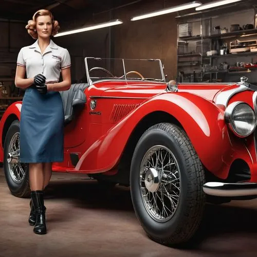 A striking 3D render of a 35-year-old female mechanic exuding confidence as she expertly works on a 1934 DKW F 4 Meisterklasse in an innovative auto repair shop called "Peter's Workshop". The black mu