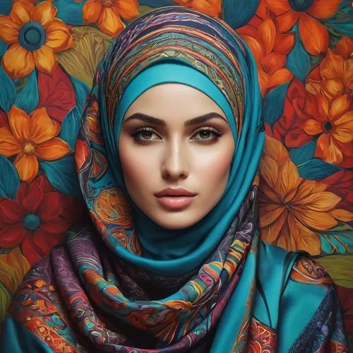 Representa un diseño de ropa titulado DIJAHITAUL con motivos abstractos y colores brillantes con un hijab..((mejor calidad)), ((obra maestra)), (detallado), cara perfecta,muslim woman,headscarf,foular