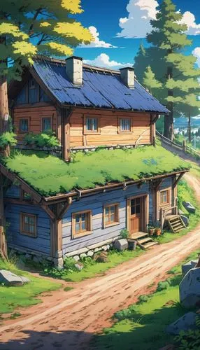 summer cottage,house in the mountains,butka,house in mountains,ghibli,small cabin,small house,sylvania,grass roof,little house,rural,cottage,studio ghibli,forest house,the cabin in the mountains,house in the forest,farmhouse,idyllic,country cottage,farm house,Illustration,Japanese style,Japanese Style 03