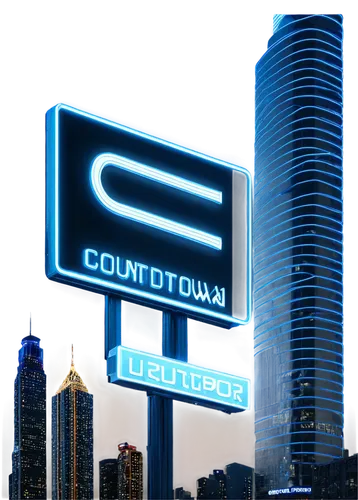 Coming soon image, futuristic billboard, neon lights, cityscape at night, skyscraper background, countdown timer, glowing blue numbers, metallic frame, glass surface, 3/4 composition, low-angle shot, 