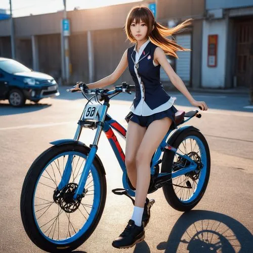 flying anime character,japanese style,girl,bike,woman posing with blue bicycle in the street,woman bicycle,e bike,mobike,bike,bicycle,biking,Photography,General,Realistic