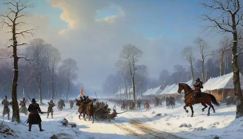 cossacks,cavalry,christmas caravan,petersburg,mushing,american frontier,hunting scene,orders of the russian empire,russian winter,skijoring,snow scene,pilgrims,historical battle,siberia,caravan,buzkashi,horse herd,winter landscape,nomads,glory of the snow,Art,Classical Oil Painting,Classical Oil Painting 10