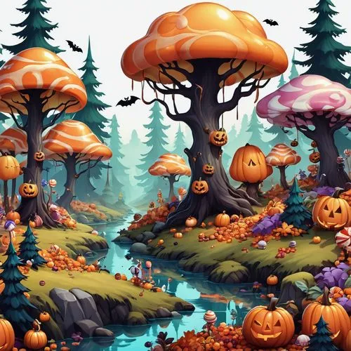 mushroom landscape,mushroom island,halloween background,cartoon video game background,pumpkin autumn,halloween wallpaper,Illustration,Abstract Fantasy,Abstract Fantasy 11