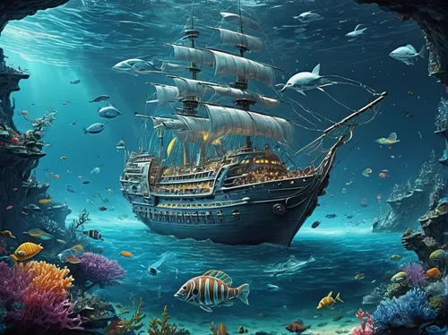 sea fantasy,maelstrom,underwater landscape,fantasy picture,galleon,galleon ship,waterglobe,underwater background,ocean underwater,caravel,underwater world,under sea,under the sea,fantasy art,sea sailing ship,east indiaman,shipwreck,3d fantasy,the bottom of the sea,open sea,Illustration,Realistic Fantasy,Realistic Fantasy 19