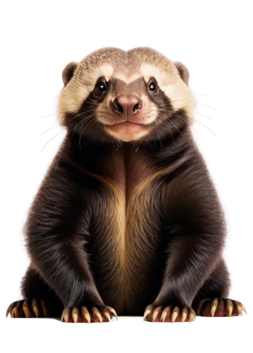 Honey badger, cartoon style, cute face, fluffy fur, white stripes on forehead, sweet smile, golden honeycomb pattern on chest, sitting pose, front view, 3/4 composition, soft focus, warm lighting, vib