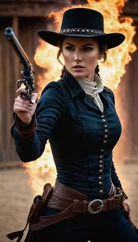 woman fire fighter,gunslinger,steampunk,woman holding gun,blunderbuss,helsing,girl with gun,gunfighter,girl with a gun,gunfighters,gunslingers,fire master,firestarter,kalashnikova,cowgirl,firebrand,cowgirls,fire background,fire artist,cowpoke,Illustration,Realistic Fantasy,Realistic Fantasy 25