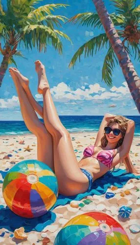 Buttocks, shorts, summer, beach, vacation, relaxed atmosphere, casual posture, lying down, hands behind head, sunglasses, messy hair, bronzed skin, smiling face, happy expression, colorful beach balls