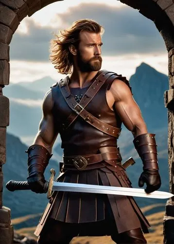 Hamish, Braveheart, Scottish warrior, muscular man, rugged beard, messy brown hair, intense gaze, leather armor, metal shoulder guards, worn gloves, holding a massive sword, standing heroically, misty