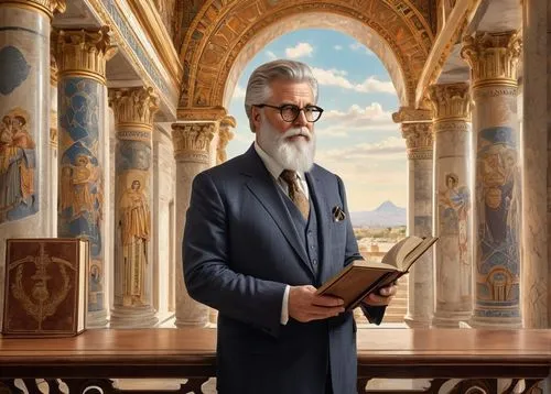 Appreciation of design history of architecture, 
old professor, male, 60s, gray hair, beard, glasses, suit, tie, holding a book, standing in front of a large wooden desk, surrounded by ancient Greek c