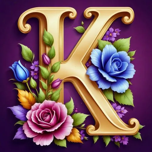 the letter k is decorated with flowers and leaves,letter k,kn,k badge,kr badge,ks,kpp