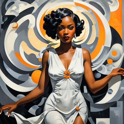 leyendecker,art deco woman,whitmore,pettiford,leontyne,currin,farragher,sarah vaughan,lempicka,conwell,brubaker,tretchikoff,retro pin up girl,feitelson,african american woman,coretta,ororo,cigarette girl,domergue,benton,Illustration,Realistic Fantasy,Realistic Fantasy 21