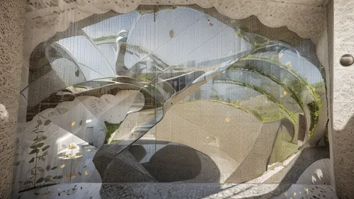 park güell,church window,exterior mirror,sicily window,glass window,round window,broken pane,sagrada familia,window with sea view,tomb,panoramical,mausoleum ruins,old window,garden door,cement background,parabolic mirror,gaudí,structural glass,opaque panes,sand clock