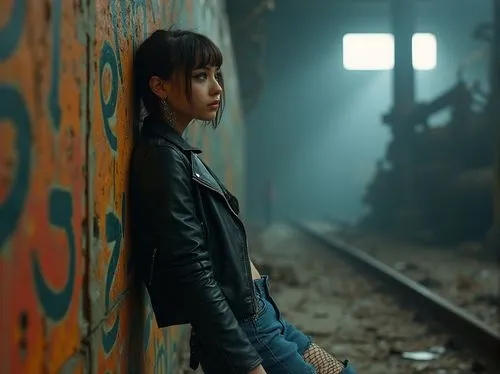 Industrial area, high school girl, postmodernism style, ripped jeans, black leather jacket, silver earrings, bold eyeliner, messy bob haircut, fishnet stockings, combat boots, holding a spray can, lea