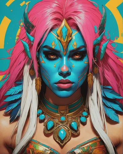 fantasy portrait,warrior woman,shaman,neon body painting,female warrior,tribal,fantasy art,inka,sculpt,tribal chief,detail shot,shamanic,avatar,world digital painting,bodypaint,faun,digital painting,fantasy warrior,mara,kali,Illustration,Paper based,Paper Based 19