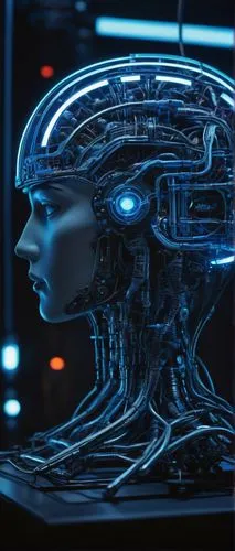 Cyberpunk brain, futuristic laboratory, complex neural networks, glowing blue circuits, intricate mechanical structures, holographic screens, sci-fi machinery, neon lights, metallic surfaces, dark sha