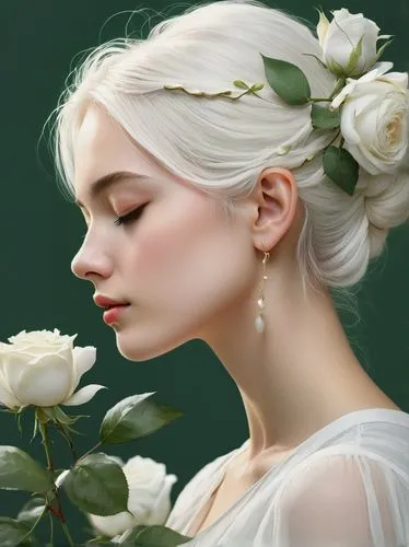 white rose snow queen,white roses,white rose,rose flower illustration,romantic portrait,digital painting,fantasy portrait,porcelain rose,white lady,scent of roses,romantic rose,gardenia,white swan,bridal,white blossom,eglantine,with roses,world digital painting,winter rose,rose bloom,Photography,Fashion Photography,Fashion Photography 08