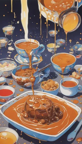 saucer,cream of pumpkin soup,oil food,shark fin soup,pumpkin soup,tomato soup,teacups,soup,crab soup,appetite,consommé,candy cauldron,sauce boat,paella,orrery,creme caramel,fondue,flan,oils,culinary art,Illustration,Japanese style,Japanese Style 20