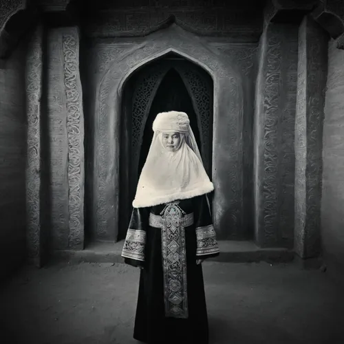 Kazakh woman from Central Asia in a black chapan,  against the backdrop of a Kazakh urt. black and white photo,archimandrite,hieromonk,the abbot of olib,the nun,orthodoxy,benedictine,nun,carmelite ord