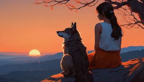 a brown wolf and a sad girl, both seen from behind. They are sitting on a cliff under a tree branch. The girl put his arm around the wolf's shoulders, she looks at the sheep with a sympathetic smile. 