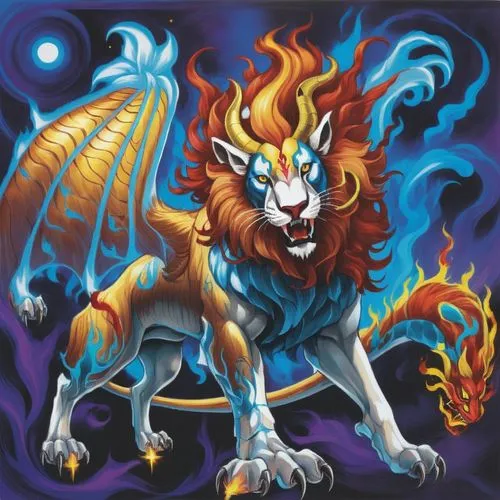 a fire breathing lion with a big mane,manticore,barghuti,chimera,fireheart,rakshasa,fenrir,Illustration,Japanese style,Japanese Style 06