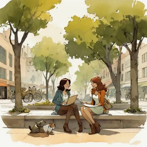 chatting,parisiennes,layton,giaimo,tomoharu,two girls,Illustration,Children,Children 04