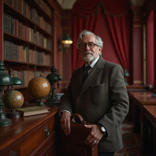 Burgundy colored walls, academic atmosphere, university setting, mature professor, standing near bookshelves, bespectacled, grey hair, beard, worn leather briefcase, tweed jacket, classic watch, woode