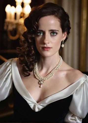 Elegant lady, solo, (25yo), eva green eyes, beautiful detailed iris, thick eyelashes, subtle makeup, curly brown hair, elegant hairstyle, pearl necklace, white blouse, long black skirt, high heels, st