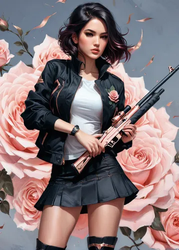 girl with gun,girl with a gun,rosa ' amber cover,rosa,wild roses,rosa peace,pink rose,wild rose,spray roses,pink roses,arrow rose,noble roses,romantic rose,beautiful girls with katana,bella rosa,rose,rose blossom,way of the roses,woman holding gun,rose flower illustration,Conceptual Art,Fantasy,Fantasy 03