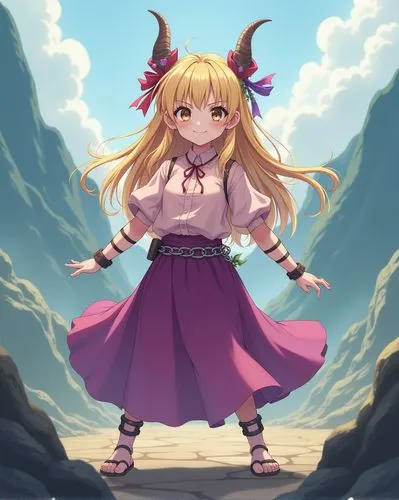 Suika Ibuki, wearing a tattered light pink blouse, a long purple and pink skirt, and three shackles with chains on her right arms and leg, (Suika Ibuki, very long blonde hair tied at the top with a re