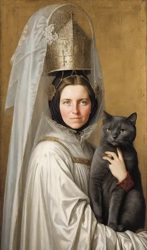 (portrait of a noble woman in 15th century medieval dress holding a 1 British silver-dark cat in her arms: 1,5), (on the woman's head there is a high Gothic cone "atour" with veil: 1,5), (a veil hangs