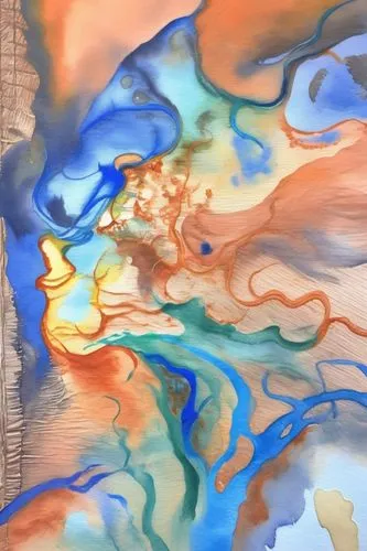 an abstract painting with multiple colors and a pattern,watercolor paint strokes,fluid flow,colorful grand prismatic spring,bathymetry,hydrogeological,aquifers,Illustration,Paper based,Paper Based 24