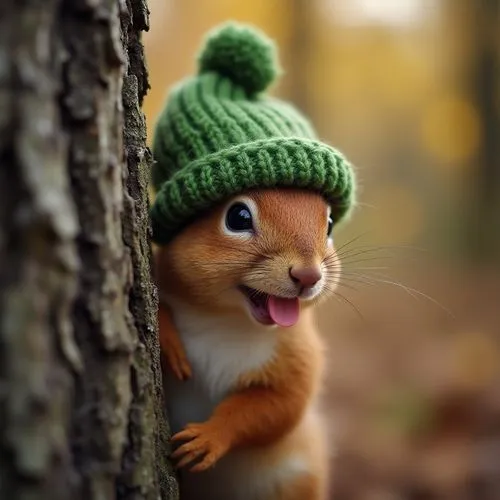 A delightful, close-up photograph of a cute fluffy squirrel peeking mischievously from behind a tree, wearing a funny green knitted hat. Its tiny pink tongue sticks out in a gesture of pure joy. The s