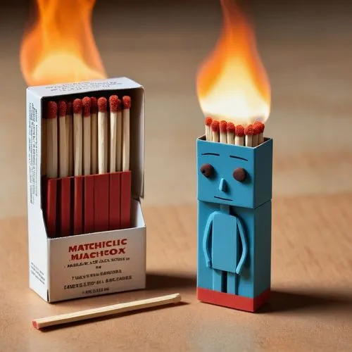 Create an image of an anthropomorphic matchstick figure sitting in front of an open matchbox. The figure's head is a match head colored in a gradient of light orange to dark red, resembling a match th