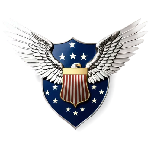 Private military contractors logo, golden eagle emblem, spread wings, shield on chest, stars and stripes pattern, metallic texture, 3D embossing effect, low-angle view, dramatic lighting, cinematic co