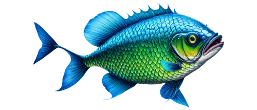 Piranha fish, colorful scales, sharp teeth, aggressive posture, 3D illusion, bold black lines, vibrant green and blue hues, water ripple effect, intricate details, symmetrical composition, high contra