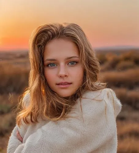 the soft glow of the sunset casts a golden light over the scene. In the background, a stunning caucasian girl with bright brown hair, brown eyes, and brown eyes stands in front of a blue wool sweater 