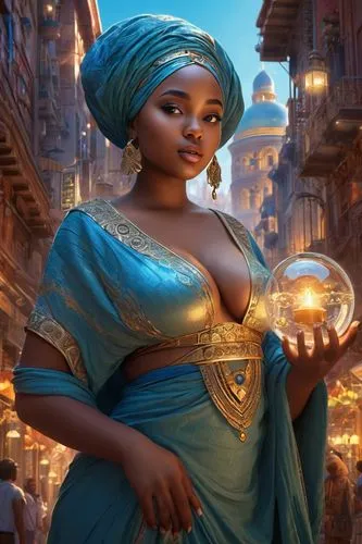 amazing looking young chubby Nubian voluptuous woman, cute, large eyes, city of glass, whimsical, intricate, audaciously detailed fantasy, 32 megapixels, 8K, HDR, charming, epic colors, light and shad