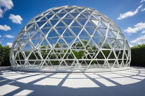 Geodesic dome, futuristic, Richard Buckminster Fuller-inspired architecture, white framework, triangular structure, shiny metal surface, intricate details, symmetrical composition, central courtyard, 