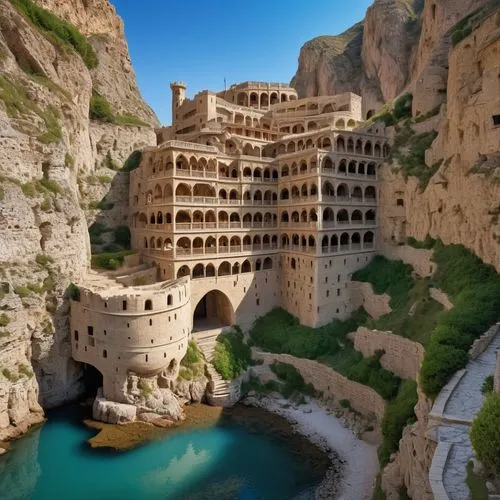 Inlet with a midieval sculpted fortress with five levels of balconies that looks like it was carved out of a barren cliff,THE BEDOOWAN PALACE from pendragon,hasankeyf,shushtar,monastery israel,hajdari