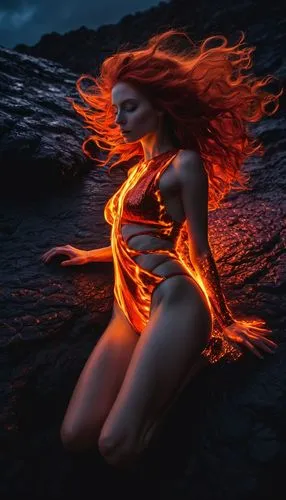 As the sky darkens, a mesmerizing scene comes to life. A woman with long, velvety red hair, her arms stretched out as she dips her head and falls. Lava flows softly out of her feet, her hands clasped 