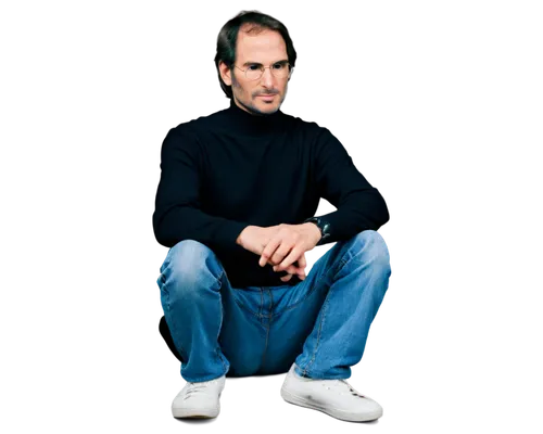 Steve Jobs, iconic pose, black turtleneck sweater, blue jeans, sneakers, hands clasped together, intense gaze, facial close-up, natural makeup, messy hair, softbox lighting, shallow depth of field, ci