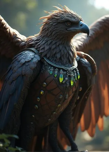 32k photo-realistic, high definition, hyper-realistic image of The Avian Guardian: A majestic eagle with feathery wings that shimmer with iridescent colors and strange, bioluminescent markings on its 