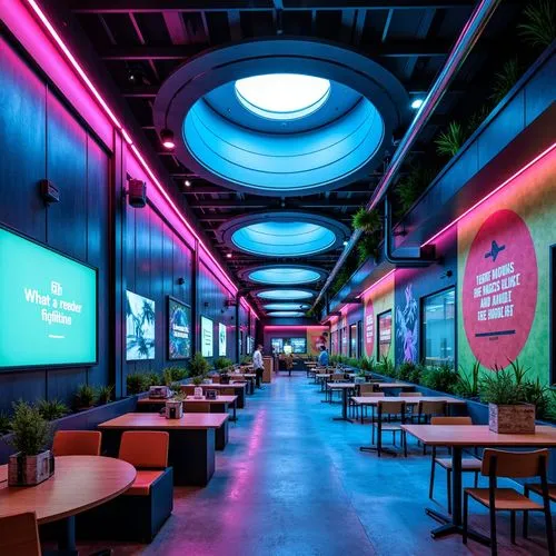 neon coffee,clevelander,ufo interior,patios,eatery,retro diner,lobby,wintergarden,cafeteria,atrium,neon tea,alexandrium,rosa cantina,colored lights,restaurants,cafetorium,eateries,yotel,rackspace,lunchroom