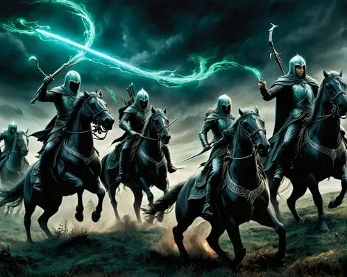 lord of the rings, the battle between rohan riders and mummakil on the fields of Pelennor,an animated group of knights riding through the grass,patrol,defend,rohirrim,malazan,ringwraiths,silmarillion,